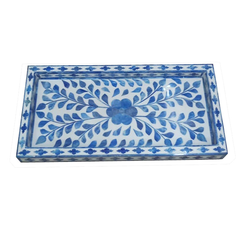 Blue Bone Inlay Wooden Modern Floral Pattern Serving Tray Decorative Tray Home Decor Gift