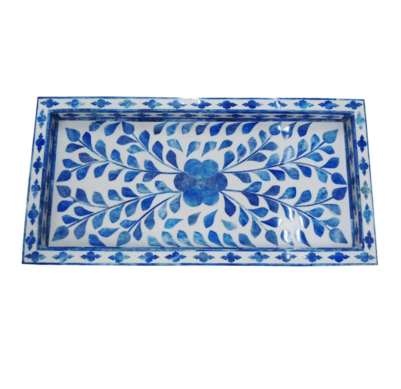 Blue Bone Inlay Wooden Modern Floral Pattern Serving Tray Decorative Tray Home Decor Gift