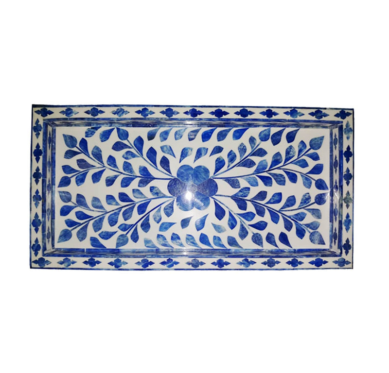 Blue Bone Inlay Wooden Modern Floral Pattern Serving Tray Decorative Tray Home Decor Gift