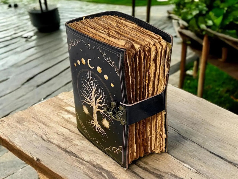 400 Page Large Grimoire leather journal, Print Tree of Life Journal, Blank spell book of shadows Leather Celestial Gifts For Him Her