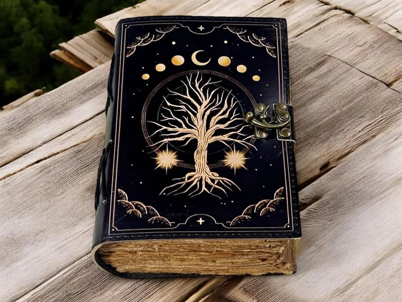 400 Page Large Grimoire leather journal, Print Tree of Life Journal, Blank spell book of shadows Leather Celestial Gifts For Him Her