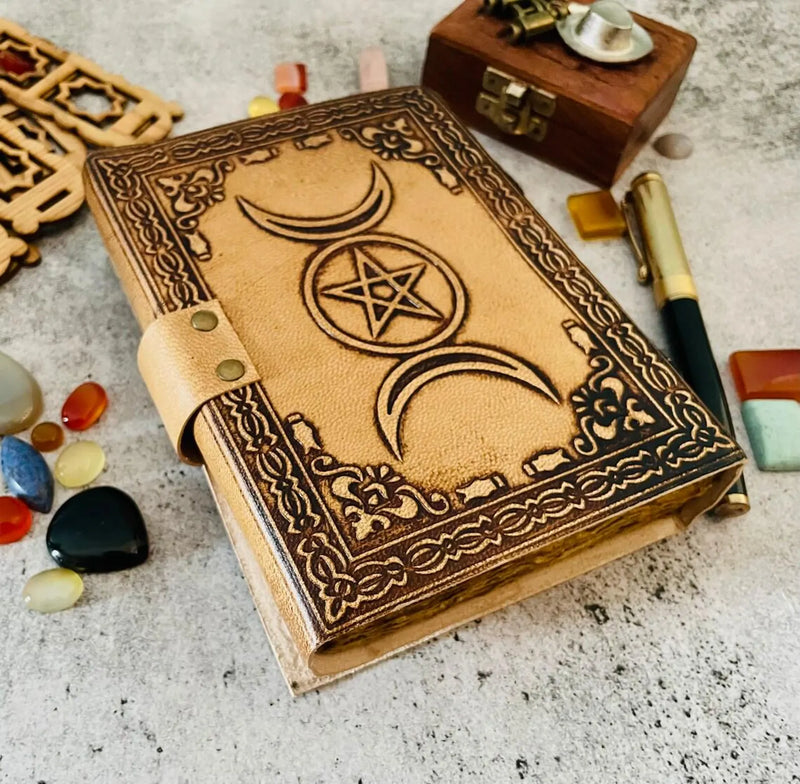 leather journal Triple Moon Goddess Spell Book book of Shadows Grimoire Deckle Edge paper Spiritual Wicca witch craft Vintage journal