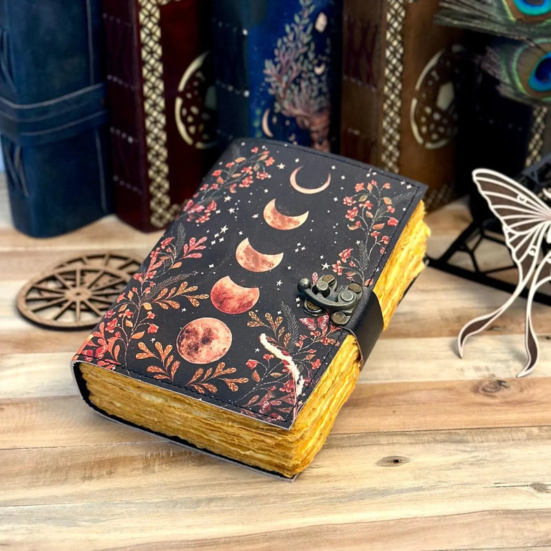 Moon Phase Vintage Leather Journal for Men & Women 200 Pages of Antique Handmade Deckle Edge Paper, Leather Sketchbook, Christmas Gift