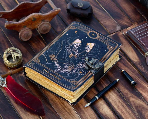 Grimoire journal spell book of shadows vintage leather journal witch journal skull lover gift