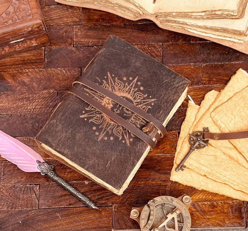 Sun and moon leather journal | antique handmade | vintage journal | celestial embossed design blank spell book of shadows, grimoire journal