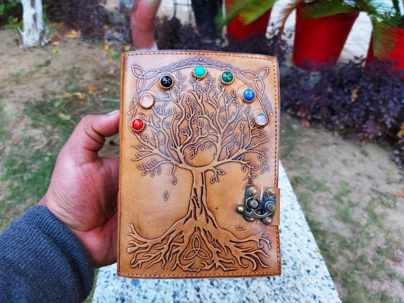 Handmade Tree of life Seven Stone Journal Deckle Edge paper Grimoire Gift for Him and Her