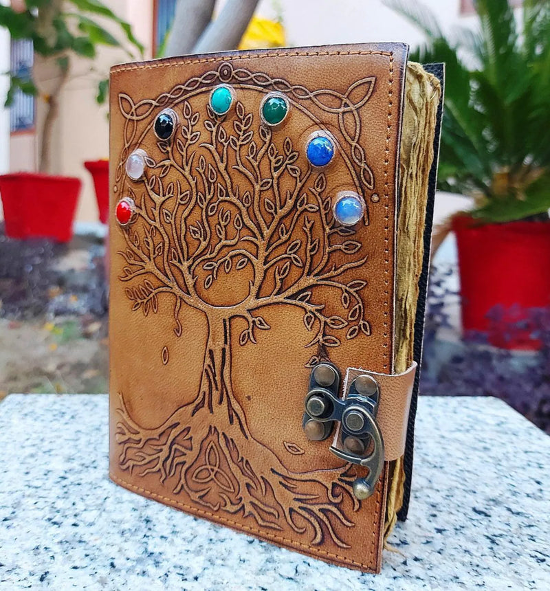 Handmade Tree of life Seven Stone Journal Deckle Edge paper Grimoire Gift for Him and Her