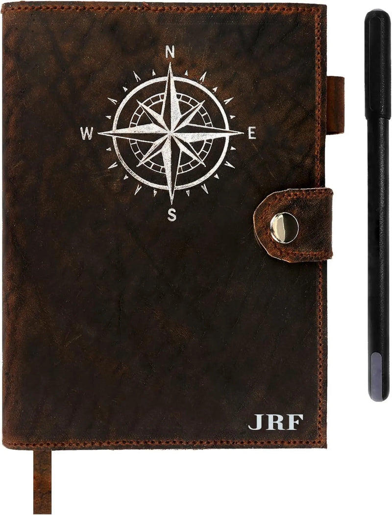 Leather Journal For Men & Women - Premium Refillable Lined Compass Leather Notebook With Pen, Coin and Pen Slot, Leather Bookmark Journals