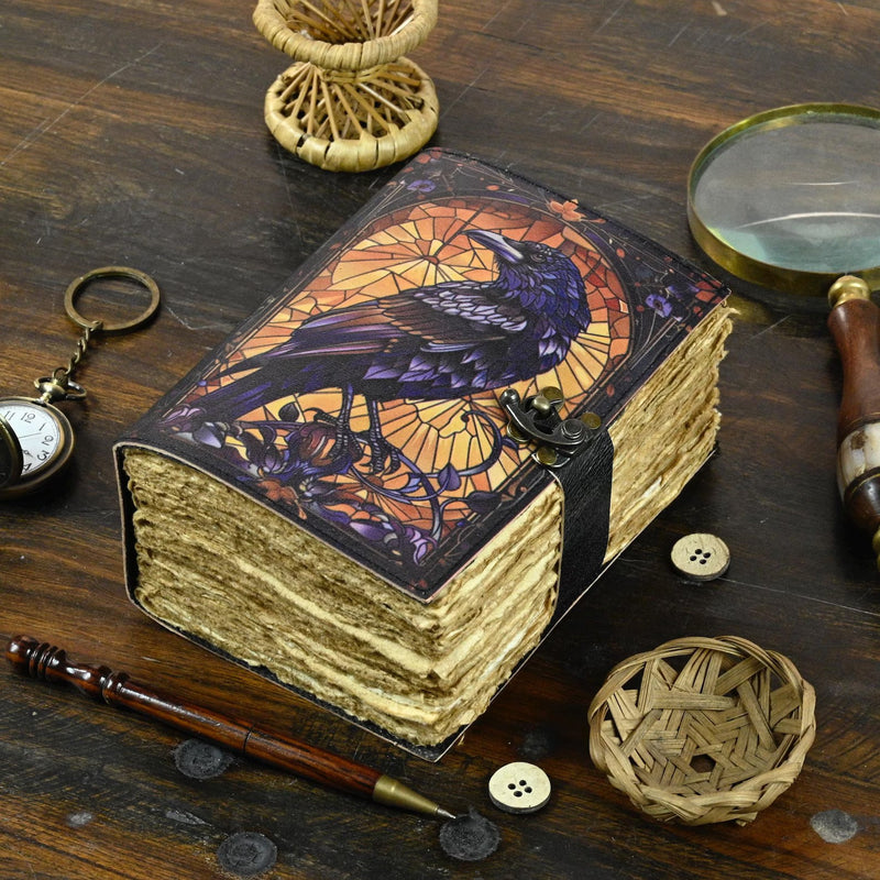 400 Page Leather Journal Gothic Notebook The Raven Grimoire Print - Vintage Handmade Book of Shadows Witchcrafts Journal Gifts for Men