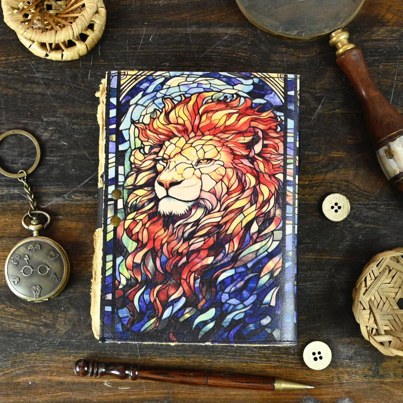 400 Pages - Lion Leather Journal Rustic Vintage Leather - Grimoire Leather Journal - Book of Shadows - Fat Journal Gift for Men and Women