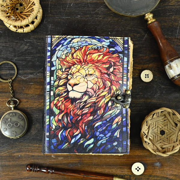 400 Pages - Lion Leather Journal Rustic Vintage Leather - Grimoire Leather Journal - Book of Shadows - Fat Journal Gift for Men and Women