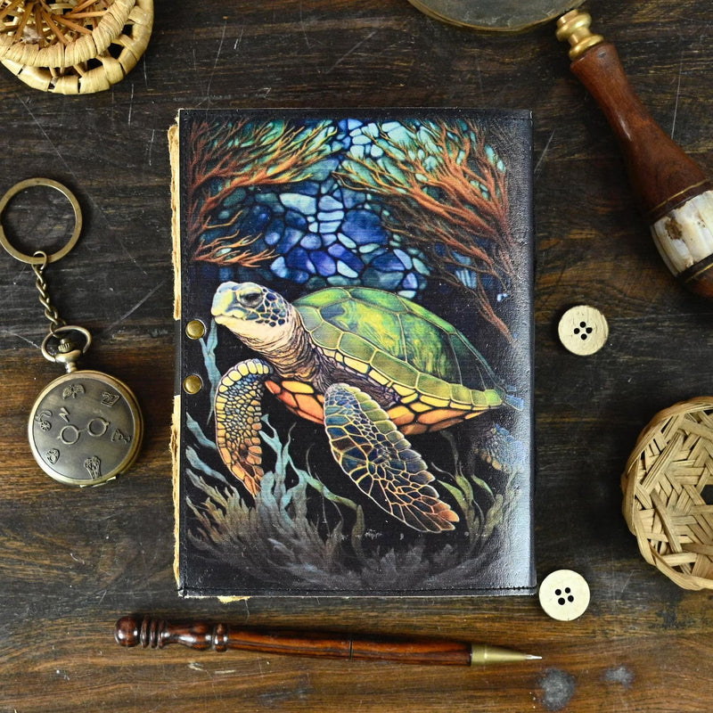 400 Pages - Turtle Leather Journal Rustic Vintage Leather - Grimoire Leather Journal - Book of Shadows - Fat Journal Gift for Men and Women