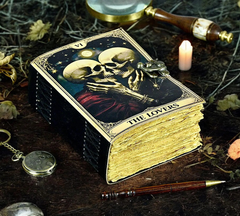 The Lovers Tarot Notebook Spiral Gothic Notebook Skull lover Antique Journals gifts for men or women Book of Spells Grimoire Printed Journal