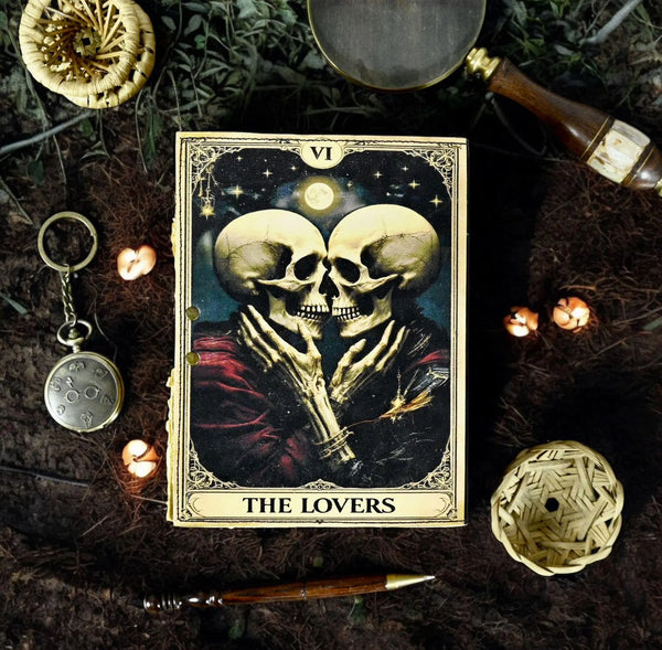 The Lovers Tarot Notebook Spiral Gothic Notebook Skull lover Antique Journals gifts for men or women Book of Spells Grimoire Printed Journal