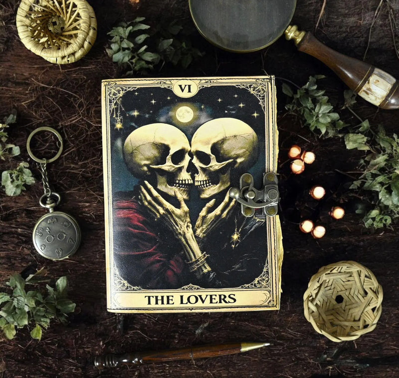 The Lovers Tarot Notebook Spiral Gothic Notebook Skull lover Antique Journals gifts for men or women Book of Spells Grimoire Printed Journal