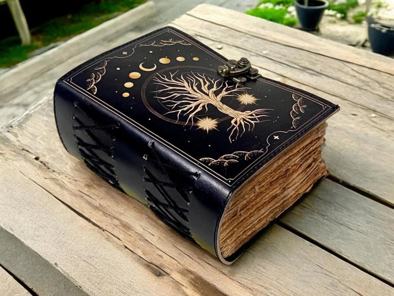 400 Page Large Grimoire leather journal, Print Tree of Life Journal, Blank spell book of shadows Leather Celestial Gifts For Him Her