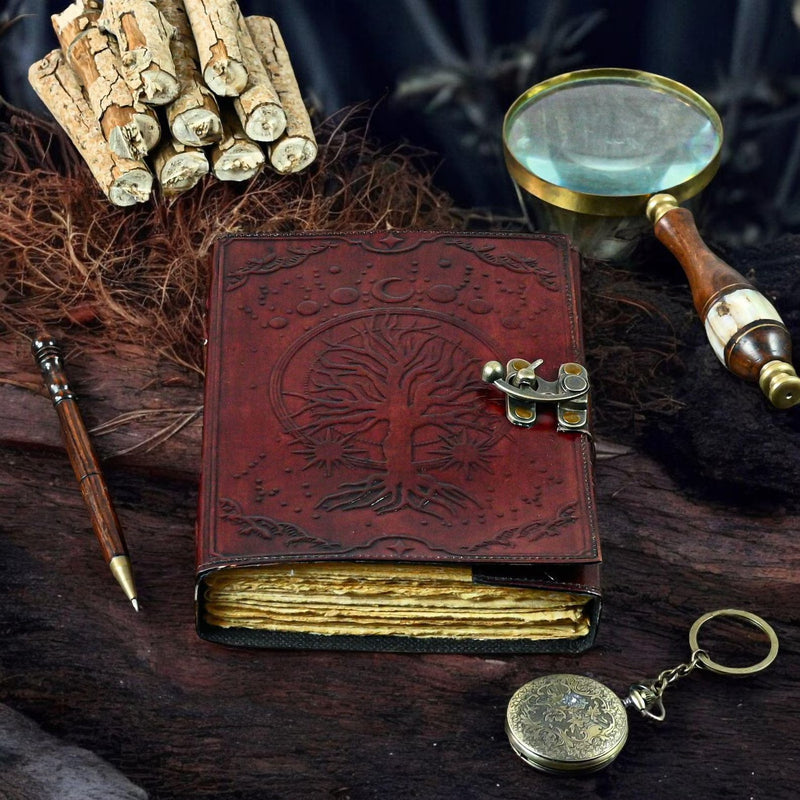 400 Page Large Grimoire leather journal, Embossed Tree of Life Journal, Blank spell book book of shadows Leather Celestial Gifts For Him Her