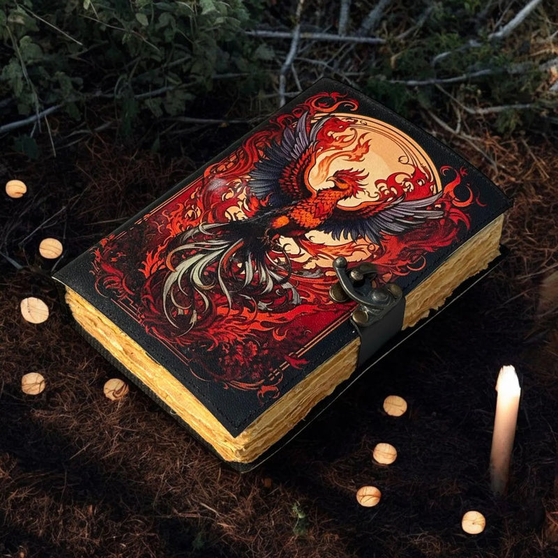 Leather Journal Gothic Notebook The Phoenix Grimoire Print - Vintage Handmade Journal Book of Shadows Witchcrafts Journal Gifts for Men