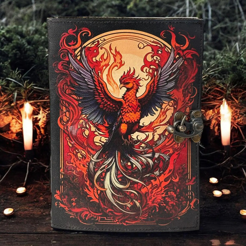 Leather Journal Gothic Notebook The Phoenix Grimoire Print - Vintage Handmade Journal Book of Shadows Witchcrafts Journal Gifts for Men