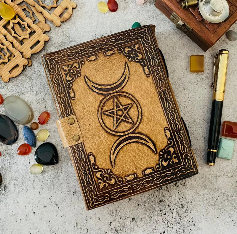 leather journal Triple Moon Goddess Spell Book book of Shadows Grimoire Deckle Edge paper Spiritual Wicca witch craft Vintage journal