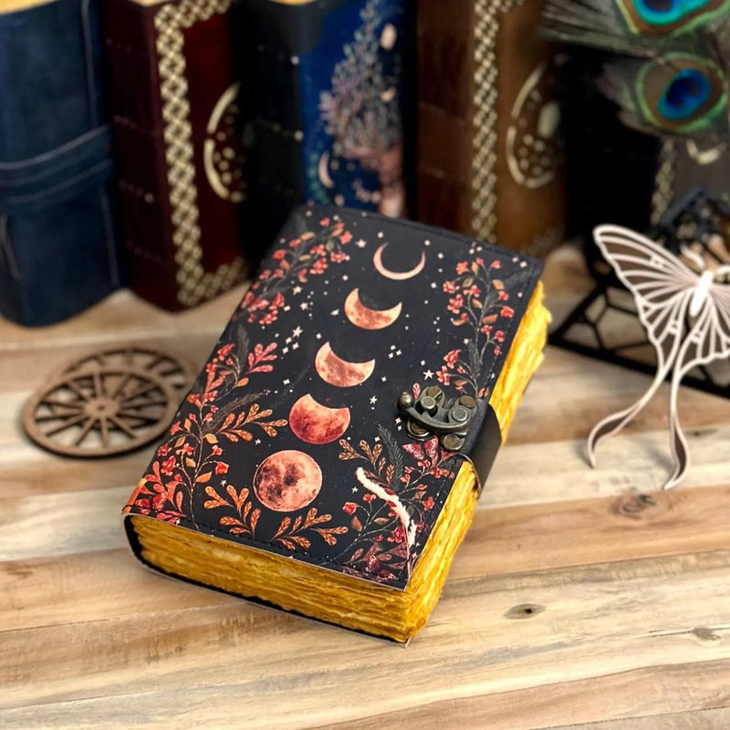 Moon Phase Vintage Leather Journal for Men & Women 200 Pages of Antique Handmade Deckle Edge Paper, Leather Sketchbook, Christmas Gift