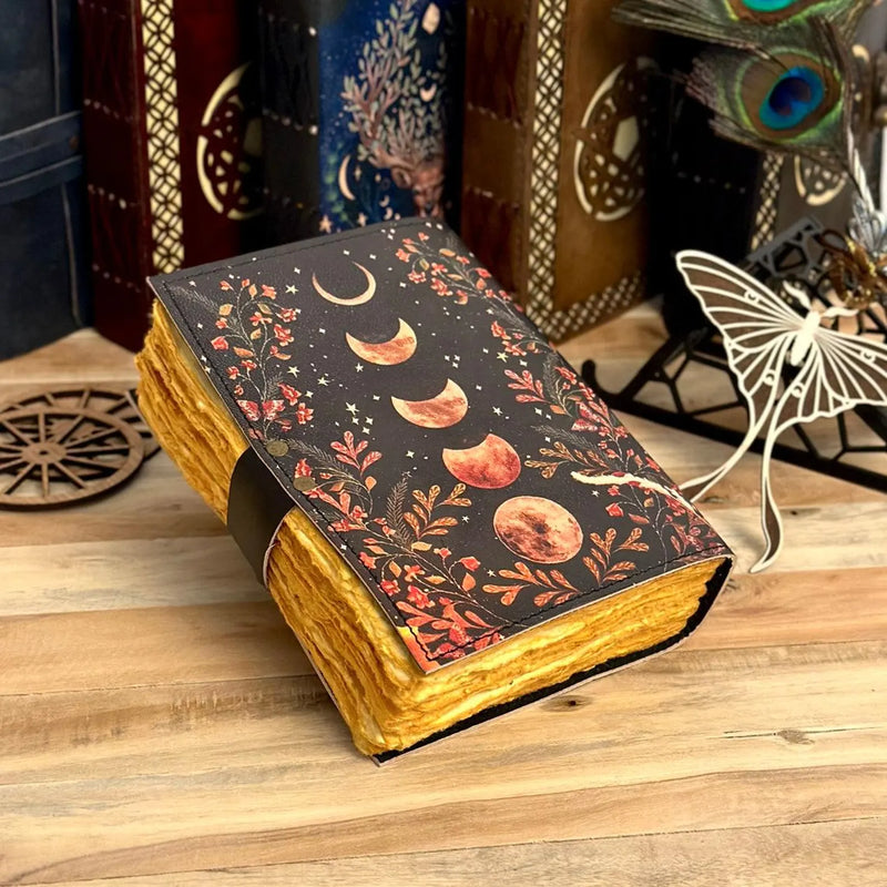 Moon Phase Vintage Leather Journal for Men & Women 200 Pages of Antique Handmade Deckle Edge Paper, Leather Sketchbook, Christmas Gift