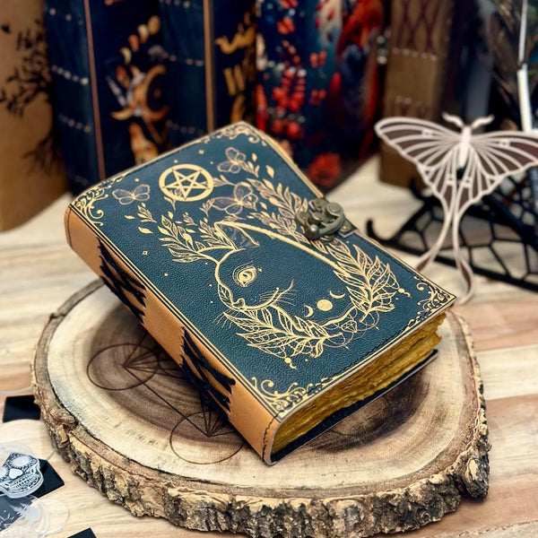 400 Pages Grimoire journal Leather Print celtic cat journal Blank spell book of shadows Leather Gifts For Him sketchbook journal notebook