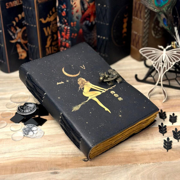 Celestial Sun & moon vintage leather journal, Blank spell book of shadows grimoire journal, Deckle edge paper, Moon Phase Totem Talisman