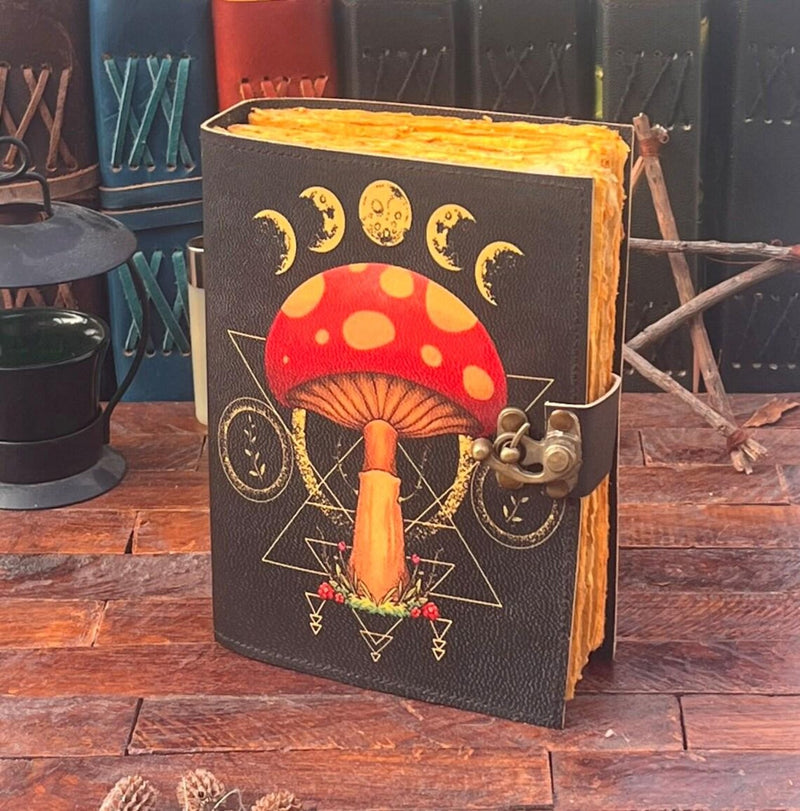 Mushroom Printed Blank Spell Book of Shadowed Leather Journal Christmas gifts for women - 200 Deckle-Edged Pages - Choose Your Size