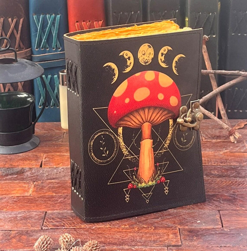 Mushroom Printed Blank Spell Book of Shadowed Leather Journal Christmas gifts for women - 200 Deckle-Edged Pages - Choose Your Size