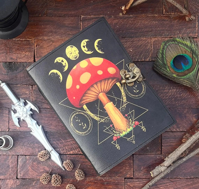 Mushroom Printed Blank Spell Book of Shadowed Leather Journal Christmas gifts for women - 200 Deckle-Edged Pages - Choose Your Size