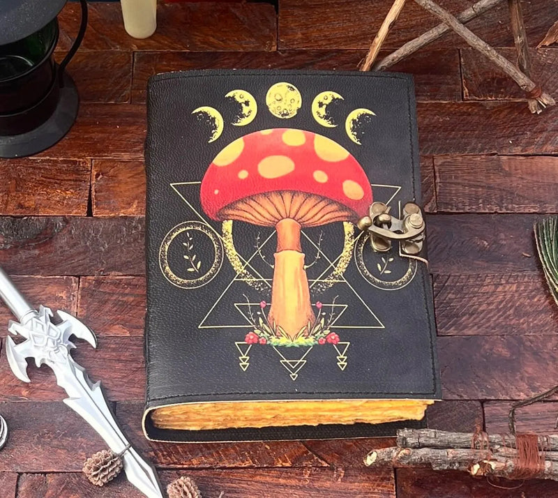 Mushroom Printed Blank Spell Book of Shadowed Leather Journal Christmas gifts for women - 200 Deckle-Edged Pages - Choose Your Size