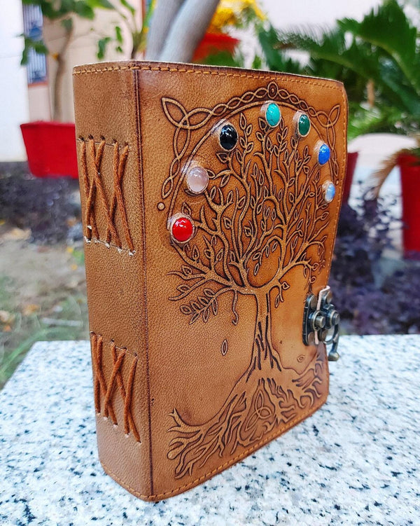 Handmade Tree of life Seven Stone Journal Deckle Edge paper Grimoire Gift for Him and Her