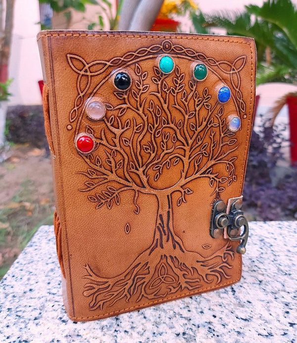 Handmade Tree of life Seven Stone Journal Deckle Edge paper Grimoire Gift for Him and Her