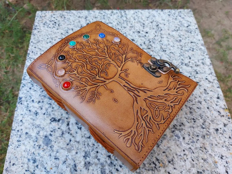 Handmade Tree of life Seven Stone Journal Deckle Edge paper Grimoire Gift for Him and Her