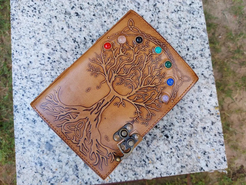 Handmade Tree of life Seven Stone Journal Deckle Edge paper Grimoire Gift for Him and Her