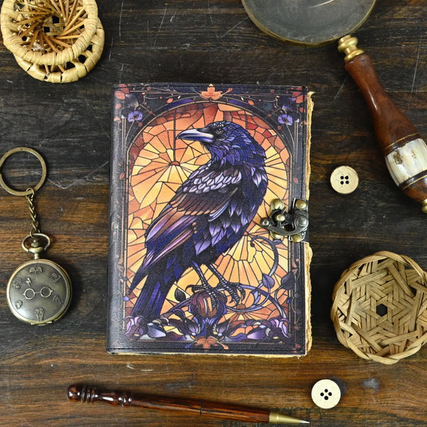 400 Page Leather Journal Gothic Notebook The Raven Grimoire Print - Vintage Handmade Book of Shadows Witchcrafts Journal Gifts for Men