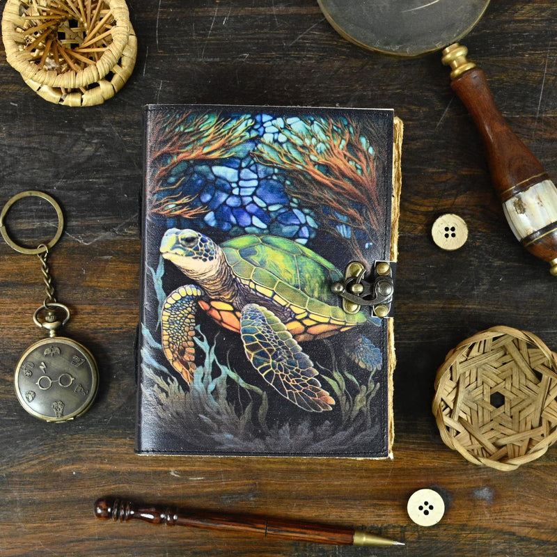 400 Pages - Turtle Leather Journal Rustic Vintage Leather - Grimoire Leather Journal - Book of Shadows - Fat Journal Gift for Men and Women