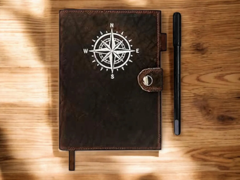 Leather Journal For Men & Women - Premium Refillable Lined Compass Leather Notebook With Pen, Coin and Pen Slot, Leather Bookmark Journals