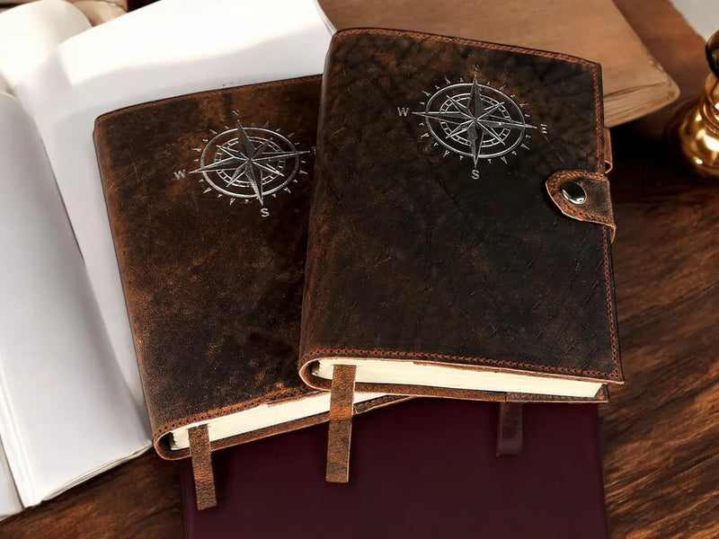 Leather Journal For Men & Women - Premium Refillable Lined Compass Leather Notebook With Pen, Coin and Pen Slot, Leather Bookmark Journals