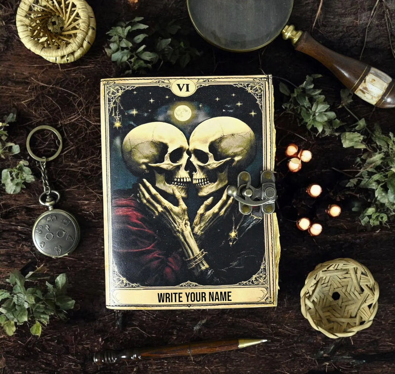 The Lovers Tarot Notebook Spiral Gothic Notebook Skull lover Antique Journals gifts for men or women Book of Spells Grimoire Printed Journal