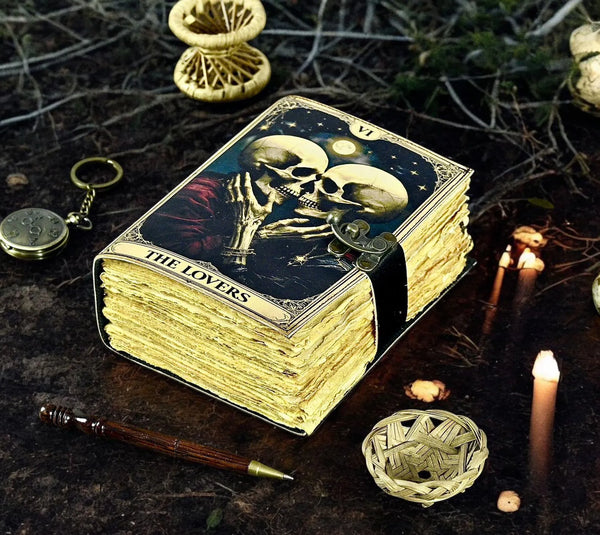 The Lovers Tarot Notebook Spiral Gothic Notebook Skull lover Antique Journals gifts for men or women Book of Spells Grimoire Printed Journal