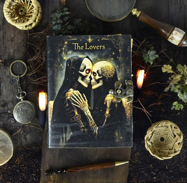 The Lovers Tarot Notebook Spiral Gothic Notebook Skull lover Antique Journals gifts for men or women Book of Spells Grimoire Printed Journal