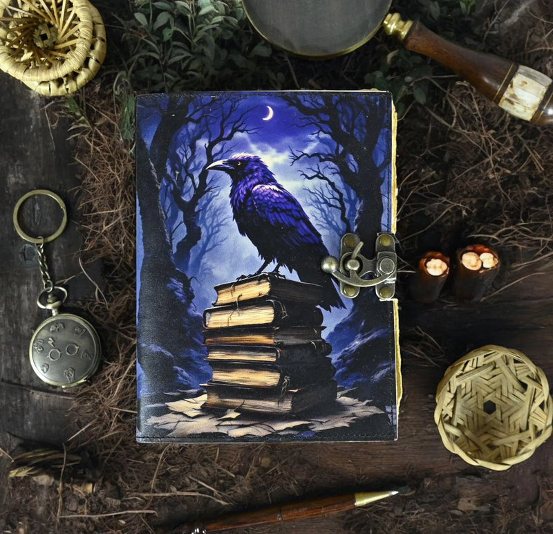 Leather Journal Gothic Notebook The Raven Grimoire Print - Vintage Gotich Decor Journal Book of Shadows Witchcrafts Journal Gifts for Men