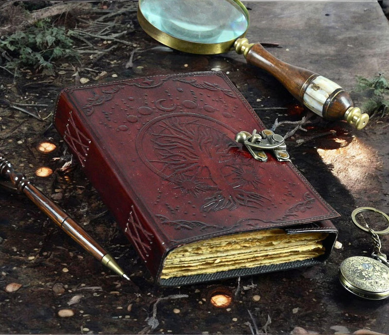 400 Page Large Grimoire leather journal, Embossed Tree of Life Journal, Blank spell book book of shadows Leather Celestial Gifts For Him Her