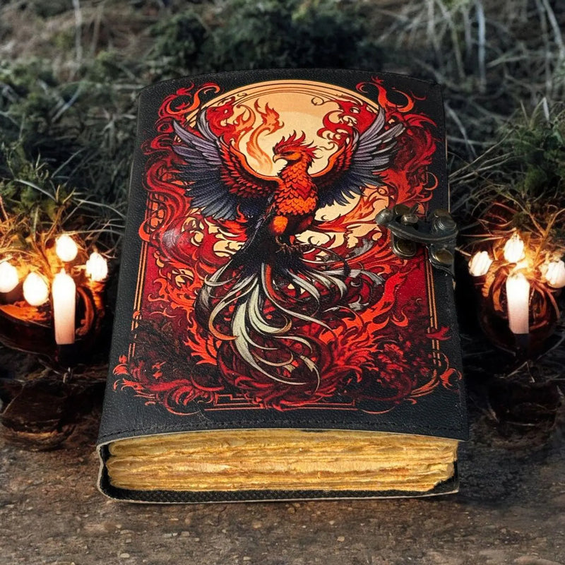 Leather Journal Gothic Notebook The Phoenix Grimoire Print - Vintage Handmade Journal Book of Shadows Witchcrafts Journal Gifts for Men