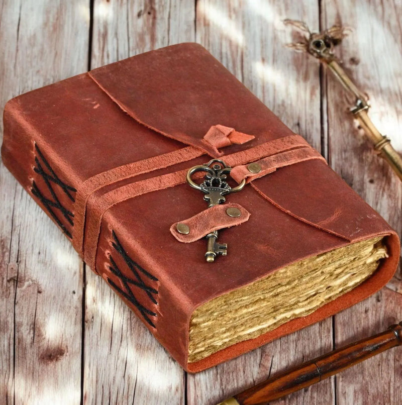 Vintage leather Journal - Blank Spell Book of Shadows, Grimoire Journal, Travel Writing Notebook, Antique Deckle Paper Lock Closure