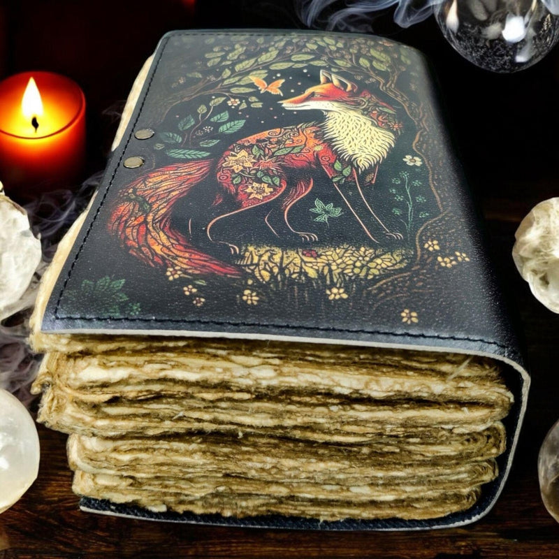 400 Page Fox Vintage Handmade leather Journal, Grimoire Fat journal Blank spell book of shadows Celestial Witchcraft Gifts For Him Her