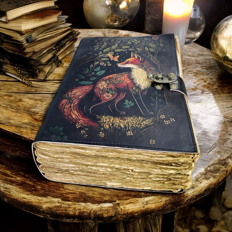 400 Page Fox Vintage Handmade leather Journal, Grimoire Fat journal Blank spell book of shadows Celestial Witchcraft Gifts For Him Her