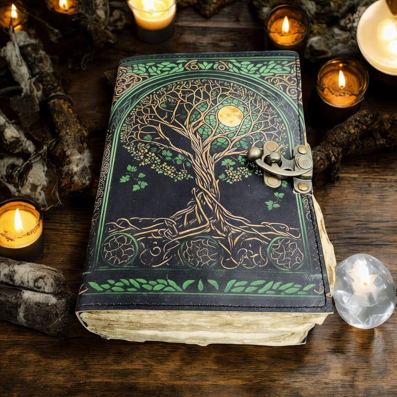 400 Page Large Grimoire Vintage leather journal, Tree of Life Fat Journal, Blank spell book of shadows Celestial Gifts For Him Her